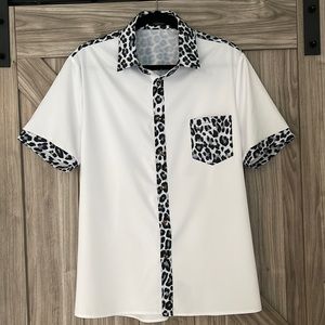 Luc Matton design fashion button up dress shirt white black leopard Medium
